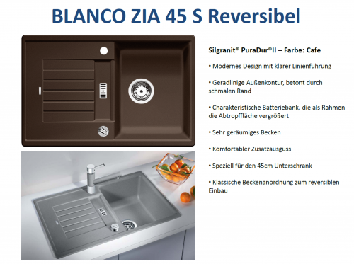 BLANCO Kchensple Zia 45 S Silgranit PuraDurII Granitsple / Einbausple mit Drehknopfventil