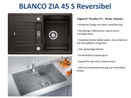 BLANCO Kchensple Zia 45 S Silgranit PuraDurII Granitsple / Einbausple mit Drehknopfventil