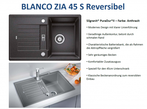 BLANCO Kchensple Zia 45 S Silgranit PuraDurII Granitsple / Einbausple mit Drehknopfventil