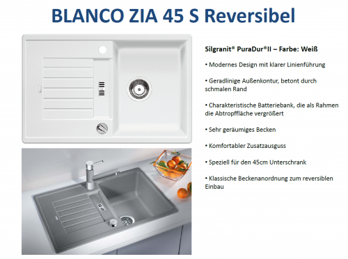 BLANCO Kchensple Zia 45 S Silgranit PuraDurII Granitsple / Einbausple mit Drehknopfventil