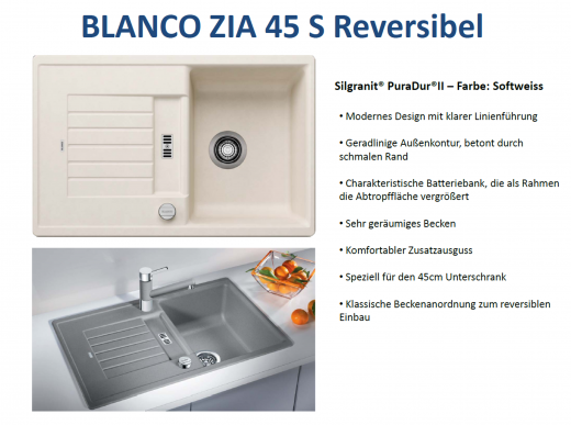 BLANCO Kchensple Zia 45 S Silgranit PuraDurII Granitsple / Einbausple mit Drehknopfventil