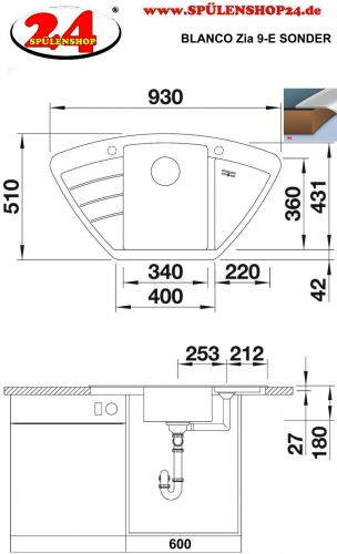 BLANCO Ecksple Zia 9 E Silgranit PuraDurII Granitsple / Einbausple mit Drehknopfventil