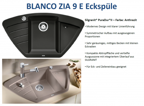 BLANCO Ecksple Zia 9 E Silgranit PuraDurII Granitsple / Einbausple mit Drehknopfventil