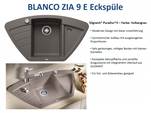 BLANCO Ecksple Zia 9 E Silgranit PuraDurII Granitsple / Einbausple mit Drehknopfventil