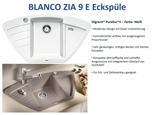 BLANCO Ecksple Zia 9 E Silgranit PuraDurII Granitsple / Einbausple mit Drehknopfventil