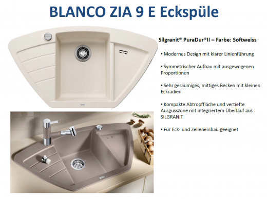 BLANCO Ecksple Zia 9 E Silgranit PuraDurII Granitsple / Einbausple mit Drehknopfventil