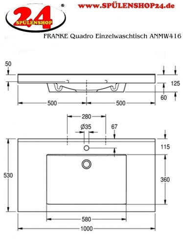 KWC PROFESSIONAL Quadro Einzelwaschtisch ANMW416 Waschtisch MIRANIT fr Wandmontage rechteckige Mulde mit Armaturenbohrung  35mm