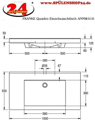 KWC PROFESSIONAL Quadro Einzelwaschtisch ANMW417 Waschtisch MIRANIT fr Wandmontage rechteckige Mulde ohne Hahnlochbohrung