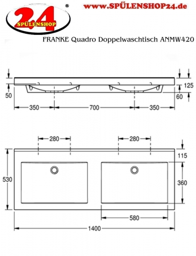 KWC PROFESSIONAL Quadro Doppelwaschtisch ANMW420 Waschtisch MIRANIT 2 Becken fr Wandmontage rechteckige Mulde ohne Hahnlochbohrung