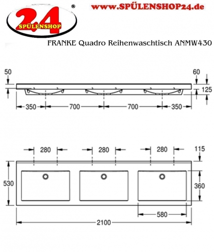 KWC PROFESSIONAL Quadro Reihenwaschtisch ANMW430 Waschtisch MIRANIT 3 Becken fr Wandmontage rechteckige Mulde ohne Hahnlochbohrung