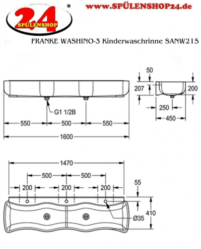 KWC PROFESSIONAL WASHINO-3 Kinder Wasch-und Spielrinne SANW215 Mineralwerkstoff MIRANIT 3 Waschpltze