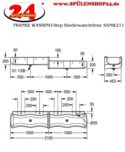 KWC PROFESSIONAL WASHINO-Step Kinder Wasch-und Spielrinne SANW211 Mineralwerkstoff MIRANIT 4 Waschpltze