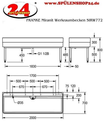 KWC PROFESSIONAL Miranit Werkraumbecken SIRW772 Reinigungsbecken Mineralgranit mit Standrohrventil (2000x700mm)