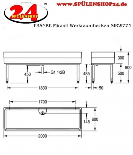 KWC PROFESSIONAL Miranit Werkraumbecken SIRW774 Reinigungsbecken Mineralgranit mit Standrohrventil (2000x600mm)