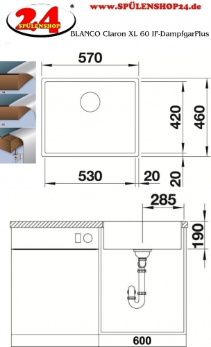 BLANCO Kchensple Claron XL 60 IF-DampfgarPlus Edelstahlsple Flachrand mit Ablaufsystem InFino und Handbettigung