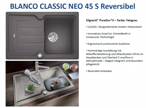 {LAGER} BLANCO Classic Neo 45-S Silgranit PuraDurII Granitsple / Einbausple Ablaufsystem InFino mit Drehknopfventil