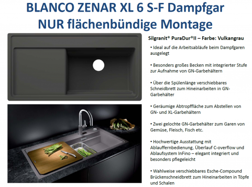 BLANCO Zenar XL 6 S-F HSB (Holzschneidbrett) DampfgarPlus Silgranit PuraDurII Granitsple Flchenbndig InFino mit Drehknopfventil