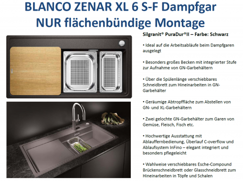 BLANCO Zenar XL 6 S-F HSB (Holzschneidbrett) DampfgarPlus Silgranit PuraDurII Granitsple Flchenbndig InFino mit Drehknopfventil