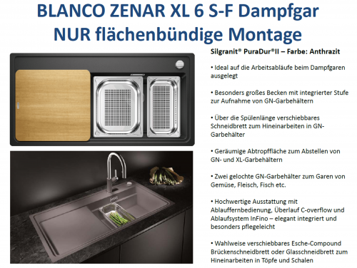 BLANCO Zenar XL 6 S-F HSB (Holzschneidbrett) DampfgarPlus Silgranit PuraDurII Granitsple Flchenbndig InFino mit Drehknopfventil