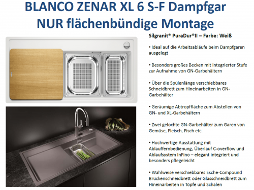 BLANCO Zenar XL 6 S-F HSB (Holzschneidbrett) DampfgarPlus Silgranit PuraDurII Granitsple Flchenbndig InFino mit Drehknopfventil