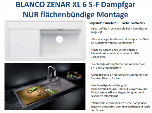 BLANCO Zenar XL 6 S-F HSB (Holzschneidbrett) DampfgarPlus Silgranit PuraDurII Granitsple Flchenbndig InFino mit Drehknopfventil