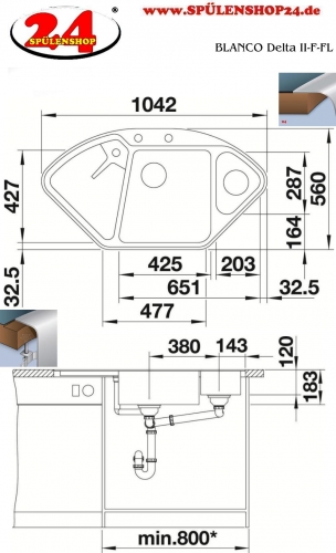 BLANCO Ecksple Delta II-F Silgranit PuraDurII Granitsple Flchenbndig Ablaufsystem InFino mit Drehknopfventil