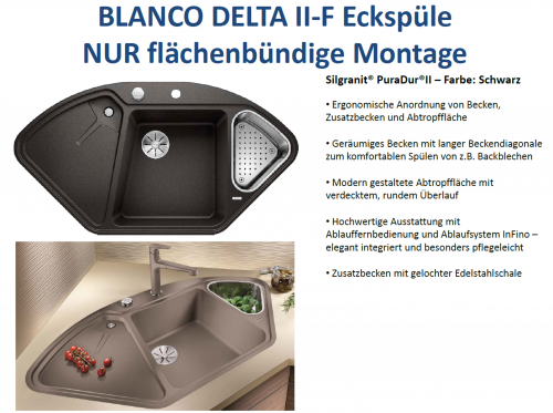 BLANCO Ecksple Delta II-F Silgranit PuraDurII Granitsple Flchenbndig Ablaufsystem InFino mit Drehknopfventil