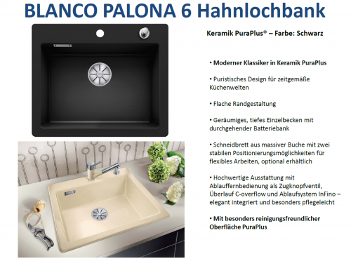 x BLANCO Palona 6 Keramik PuraPlus Keramiksple / Einbausple Hahnlochbank Ablaufsystem InFino mit Zugknopfventil