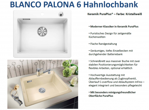 x BLANCO Palona 6 Keramik PuraPlus Keramiksple / Einbausple Hahnlochbank Ablaufsystem InFino mit Zugknopfventil