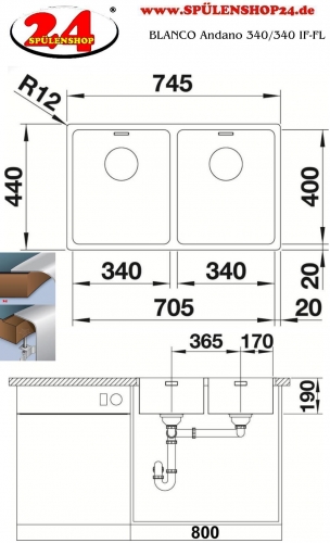 BLANCO Kchensple Andano 340/340-IF Edelstahlsple / Doppelbecken Flachrand mit Ablaufsystem InFino und Handbettigung