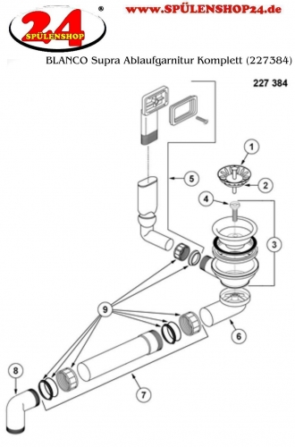 BLANCO Ablaufgarnitur 1 x 3,5'' Sieb ohne Ablauffernbedienung berlauf rechteckig Komplett Serie: A/C/S/Z-Style, Gamma, Supra, Ypsilon (227384)