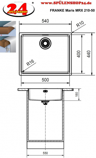 FRANKE Kchensple Maris MRX 210-50 Edelstahlsple Slimtop / Flchenbndig mit Siebkorb als Drehknopfventil