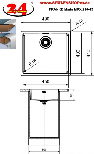 FRANKE Kchensple Maris MRX 210-45 Edelstahlsple Slimtop / Flchenbndig mit Siebkorb als Stopfenventil