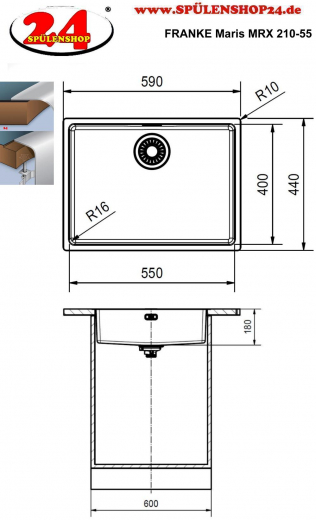 FRANKE Kchensple Maris MRX 210-55 Edelstahlsple Slimtop / Flchenbndig mit Siebkorb als Stopfenventil