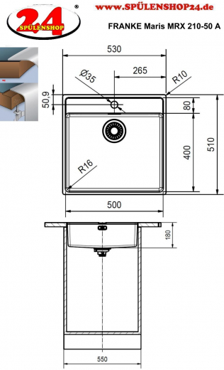 FRANKE Kchensple Maris MRX 210-50 A Edelstahlsple Slimtop / Flchenbndig mit Siebkorb als Stopfenventil