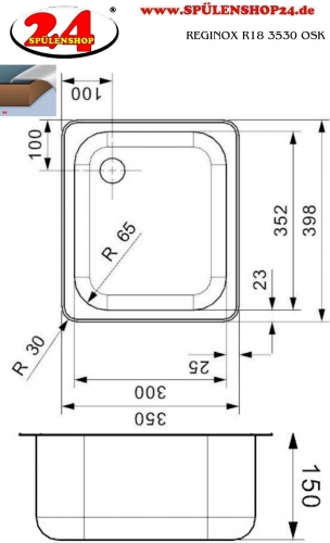 REGINOX Kchensple R18 3530 OSK Einbausple Edelstahl mit Einbaurand Ablauf mit Gummistopfen