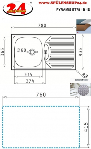 PYRAMIS Kchensple ET78 (78x43,5) 1B 1D Einbausple Leinenoptik Ablauf mit Gummistopfen ohne Hahnlochbohrung