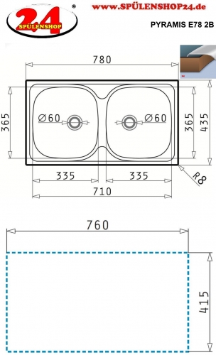 {LAGER} PYRAMIS Kchensple E78 (78x43,5) 2B Einbausple / Doppelsple Ablauf mit Gummistopfen ohne Hahnlochbohrung