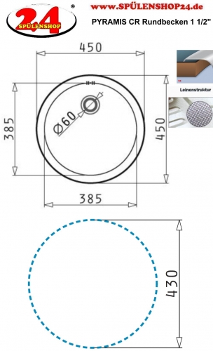 PYRAMIS Kchensple CR-Rundbecken (38,5x15) Einbausple / Edelstahlsple Leinenoptik Ablauf mit Gummistopfen 1 1/2