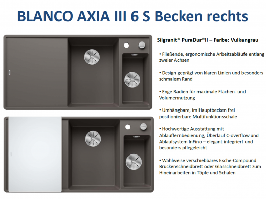 BLANCO Axia III 6 S GSB (Glasschneidbrett) Silgranit PuraDurII Granitsple / Einbausple Ablaufsystem InFino mit Drehknopfventil