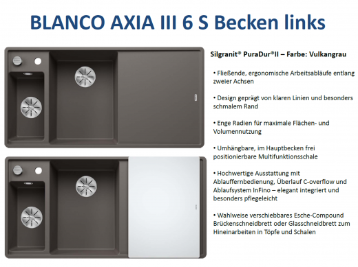 BLANCO Axia III 6 S GSB (Glasschneidbrett) Silgranit PuraDurII Granitsple / Einbausple Ablaufsystem InFino mit Drehknopfventil