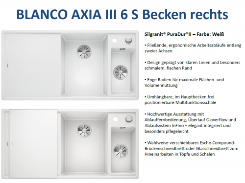 BLANCO Axia III 6 S GSB (Glasschneidbrett) Silgranit PuraDurII Granitsple / Einbausple Ablaufsystem InFino mit Drehknopfventil