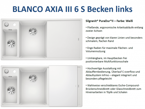 BLANCO Axia III 6 S GSB (Glasschneidbrett) Silgranit PuraDurII Granitsple / Einbausple Ablaufsystem InFino mit Drehknopfventil