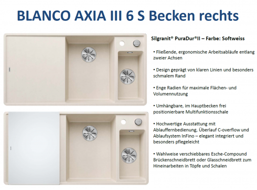 BLANCO Axia III 6 S GSB (Glasschneidbrett) Silgranit PuraDurII Granitsple / Einbausple Ablaufsystem InFino mit Drehknopfventil