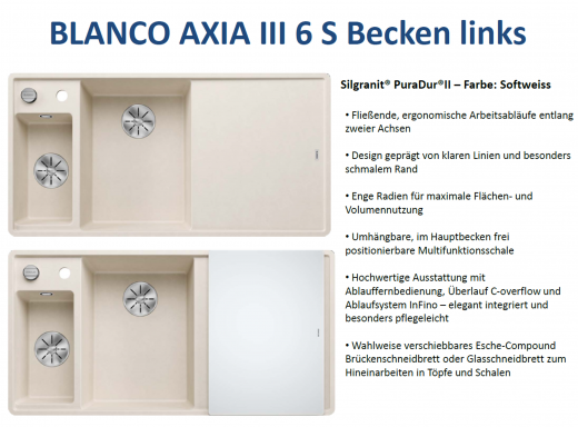 BLANCO Axia III 6 S GSB (Glasschneidbrett) Silgranit PuraDurII Granitsple / Einbausple Ablaufsystem InFino mit Drehknopfventil