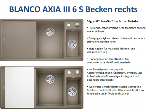 BLANCO Axia III 6 S GSB (Glasschneidbrett) Silgranit PuraDurII Granitsple / Einbausple Ablaufsystem InFino mit Drehknopfventil