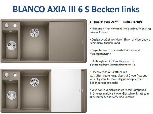 BLANCO Axia III 6 S GSB (Glasschneidbrett) Silgranit PuraDurII Granitsple / Einbausple Ablaufsystem InFino mit Drehknopfventil