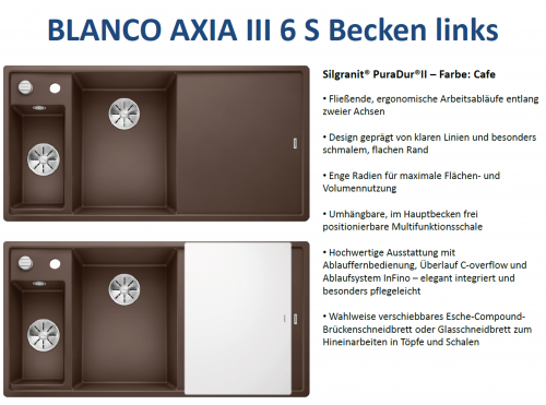 BLANCO Axia III 6 S GSB (Glasschneidbrett) Silgranit PuraDurII Granitsple / Einbausple Ablaufsystem InFino mit Drehknopfventil