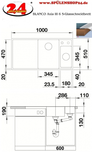 BLANCO Axia III 6 S GSB (Glasschneidbrett) Silgranit PuraDurII Granitsple / Einbausple Ablaufsystem InFino mit Drehknopfventil