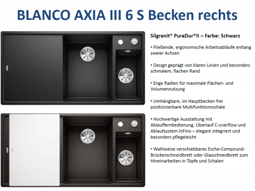 BLANCO Axia III 6 S GSB (Glasschneidbrett) Silgranit PuraDurII Granitsple / Einbausple Ablaufsystem InFino mit Drehknopfventil